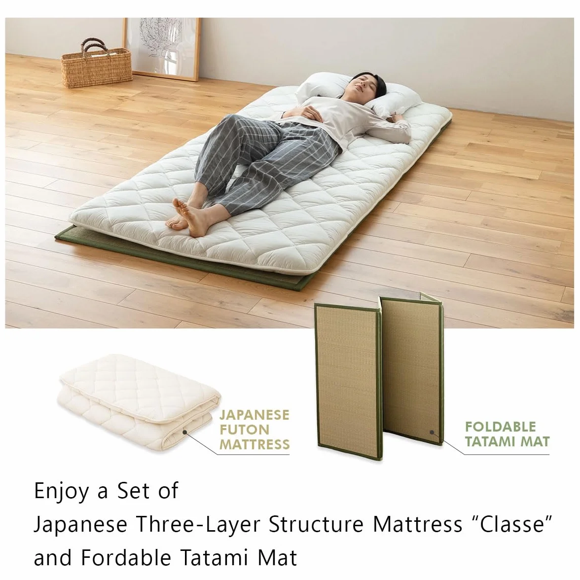 EMOOR Conjunto de Colchón Futón Japonés y Tatami Plegable Premium CLASSE 100 x 200 cm, Tapete para Piso Sikibuton Igusa Natural