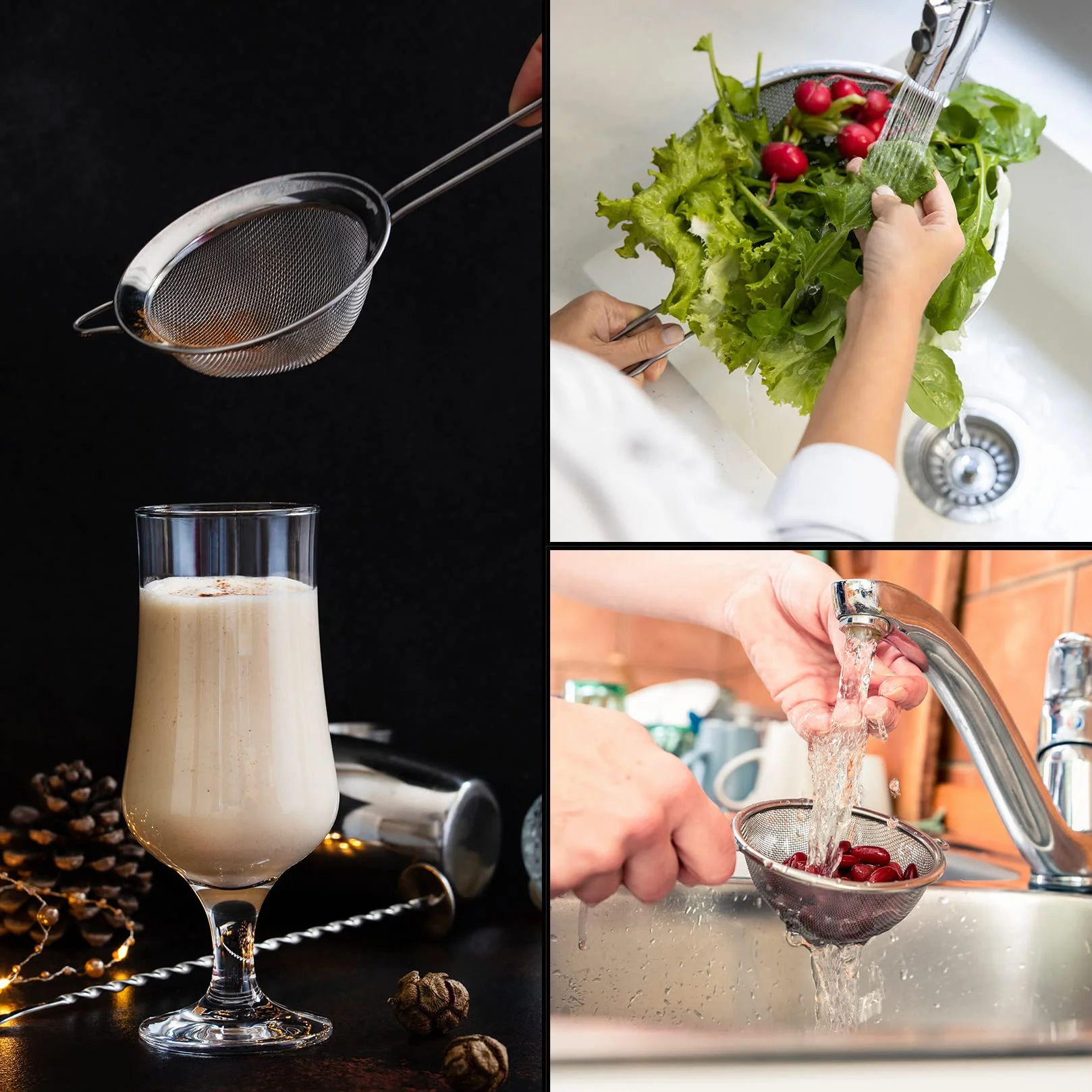 4 Piezas Coladores de Malla de Cocina Acero Inoxidable, Colador Acero Malla Fina con Mango para Té, Pasta, Arroz, Frutas, Verduras, Alimentos, Harina (Modelo A)