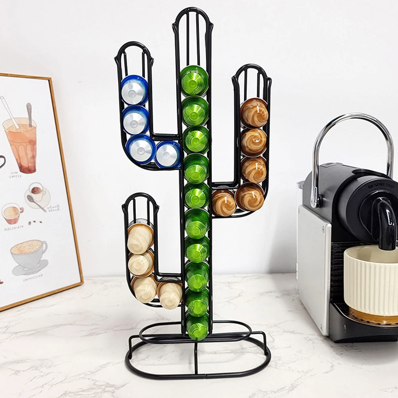 Ejoyous Porta Cápsulas de Café, Soporte Cromado para 48 Cápsulas, Diseño Cactus, Organizador Resistente