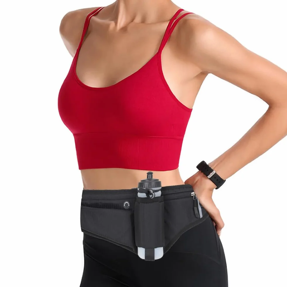 Riñonera Running Deportiva Cinturón de Hidratación con Botella de Agua 600ml Plegable Negro Kiuiom