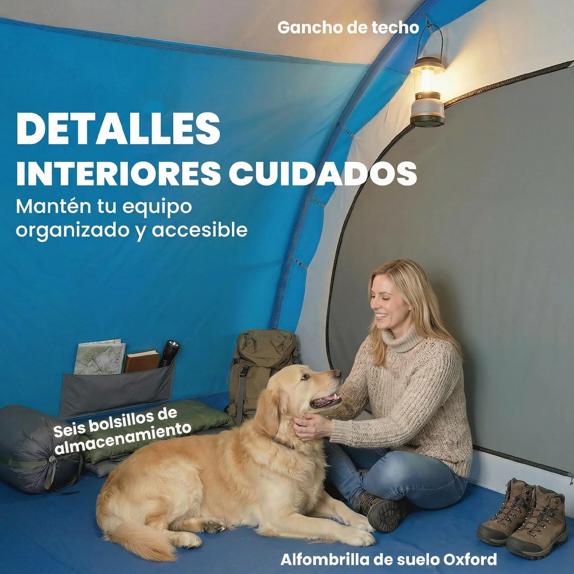 Outsunny Tienda de Campaña Familiar 5 Personas Tipo Túnel 3 Habitaciones Impermeable 3000 mm Azul