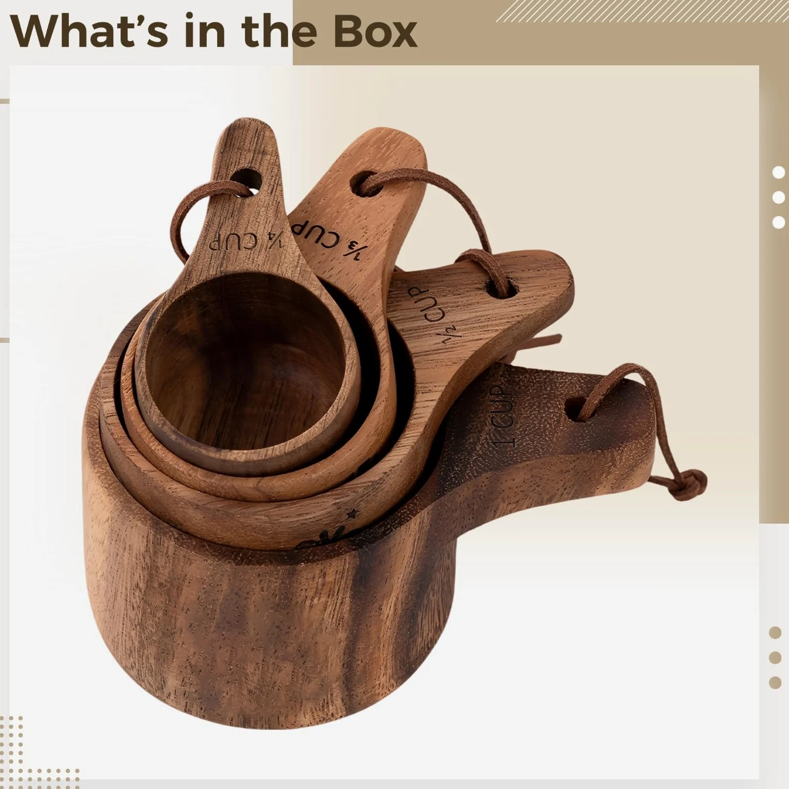 Juego de 4 tazas medidoras de madera, hechas de madera de nogal sudamericano, grabadas para hornear y cocinar, diseño de anidación