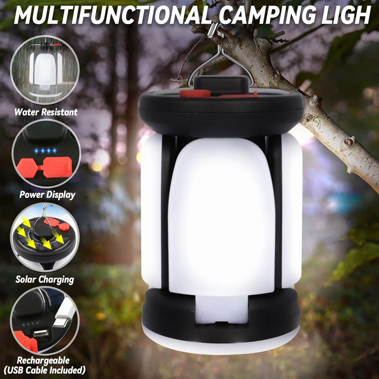 Lámpara Camping Recargable LED 3600mAh 6 Modos Iluminación Portátil Resistente al Agua