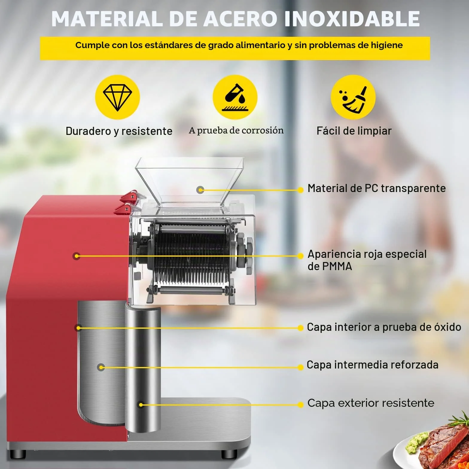 VEVOR - Máquina de corte de carne comercial, 250 kg/h, 850 W, hoja de 3,5 mm, cortador de carne eléctrico de acero inoxidable, para cocina, supermercado, cordero, carne de res, pollo, rojo