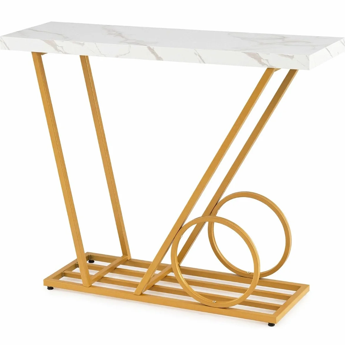 Helloshop26 - Mesa de consola moderna (100 x 29,5 x 81 cm, diseño de carro con bandeja de mármol sintético, acabado dorado en MDF blanco 20_0020136)