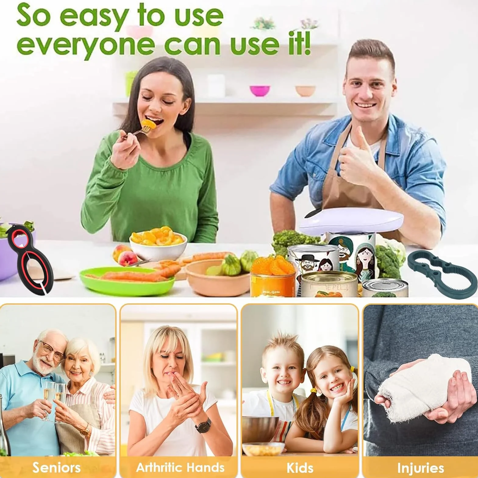 Abrelatas eléctrico de un solo toque, con borde liso, automático, apto para alimentos y funciona con pilas, regalo de cocina para artritis y personas mayores