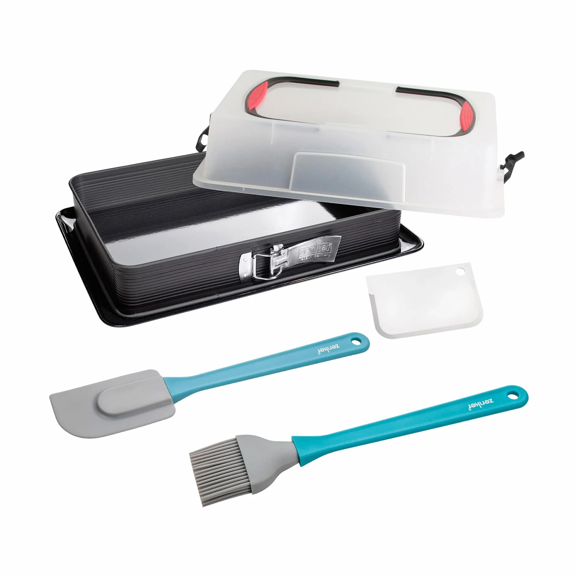 Zenker Set de Repostería, incluye Molde de Hornear Rectangular Desmontable con Tapa 43x29x10 cm, Espátula de Silicona y Pincel de Silicona Brocha 5 cm, Juego de Repostería para Tartas y Bizcochos