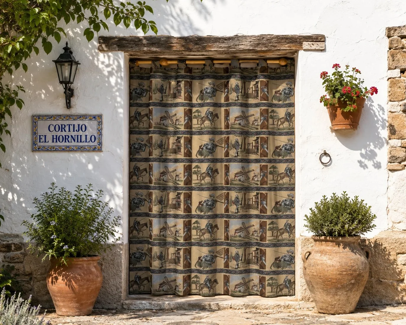 Cortina De Calle Alpujarreña con Trabillas140x260 cm, Tejido Jacquard, de fácil Mantenimiento y Resistente. Confeccionada con Trabillas. Diseño rústico. Cortina de Puerta Exterior (Quijote Nº 7)