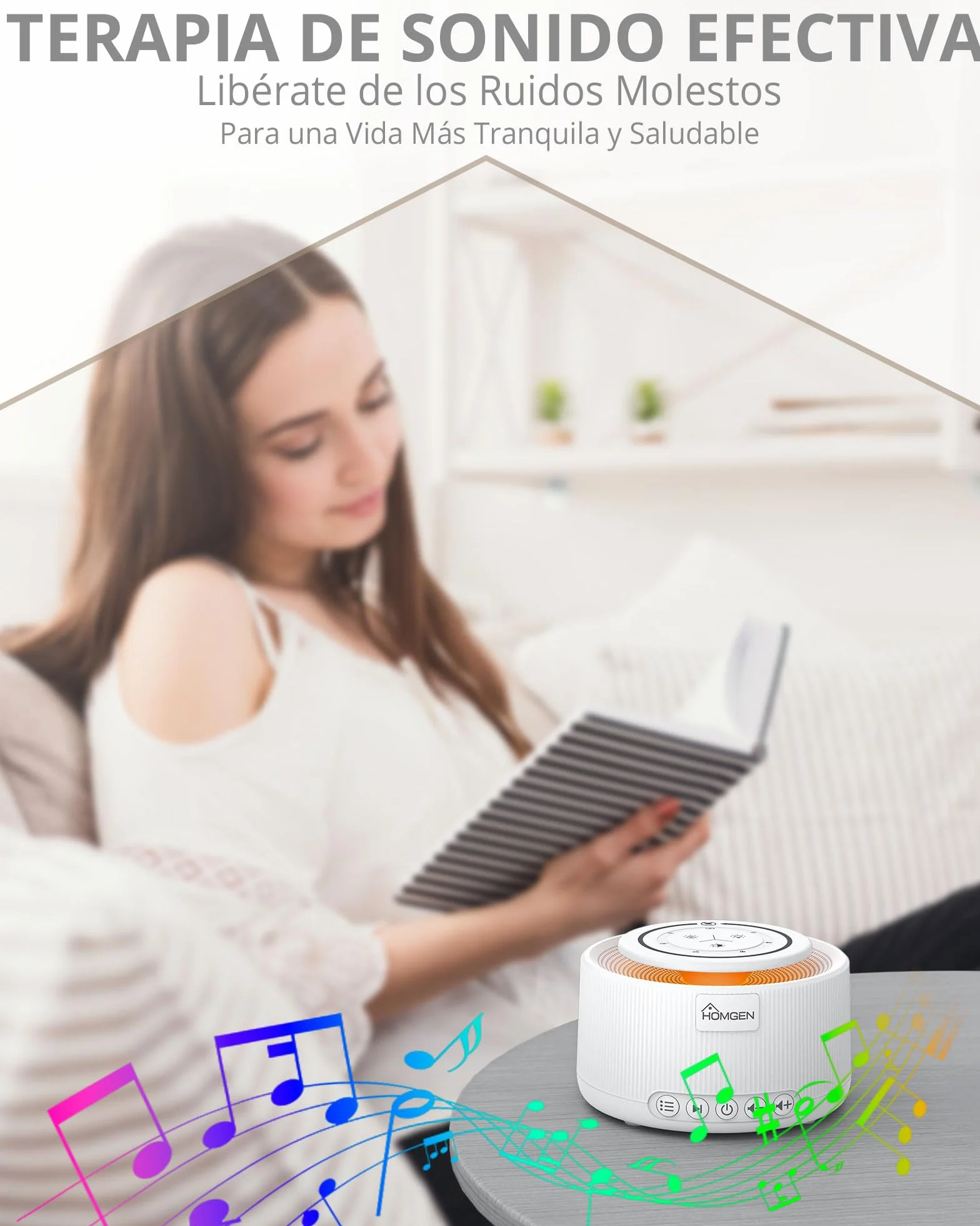 HOMGEN Máquina de Ruido Blanco con Luz Nocturna y 30 Sonidos, Recargable USB, Blanco