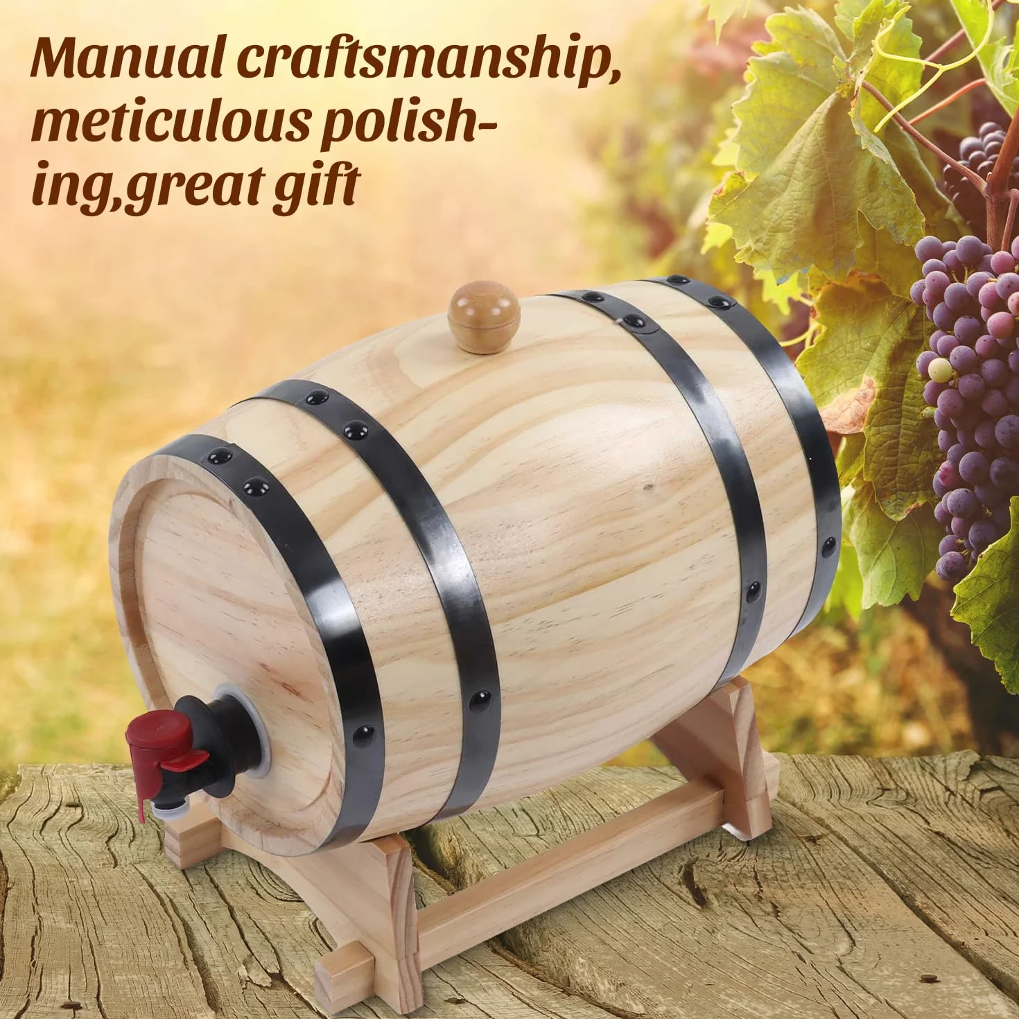 Tissting Barriles de Vino, Barril Vino Madera, 3L Barril Madera Barriles de Envejecimiento con Grifo y Base, Dispensador de Whisky Vino Sidra Licores