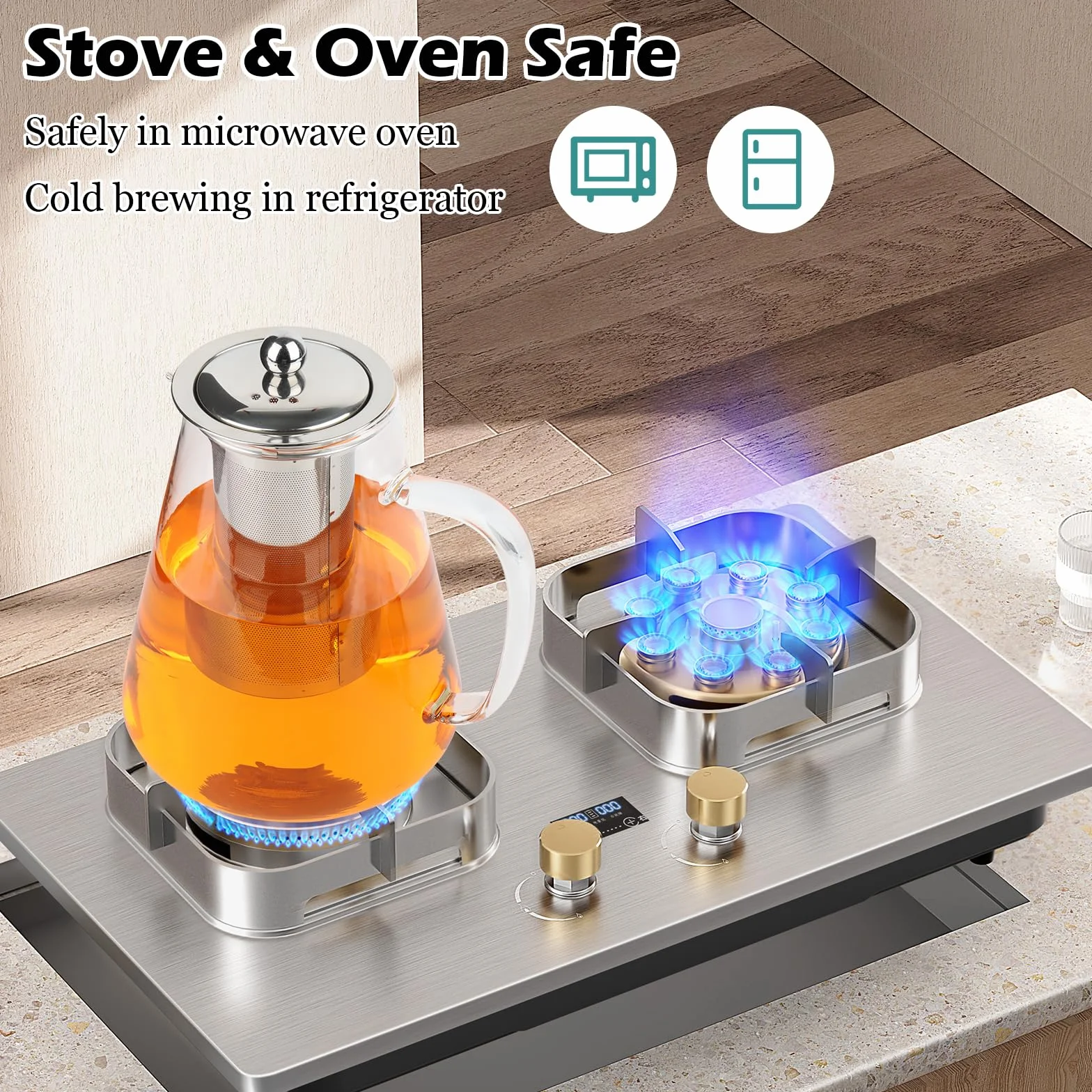 MXTIMWAN Tetera de vidrio de 1,3 litros, resistente al calor, transparente con colador extraíble, para bebidas frías y calientes.