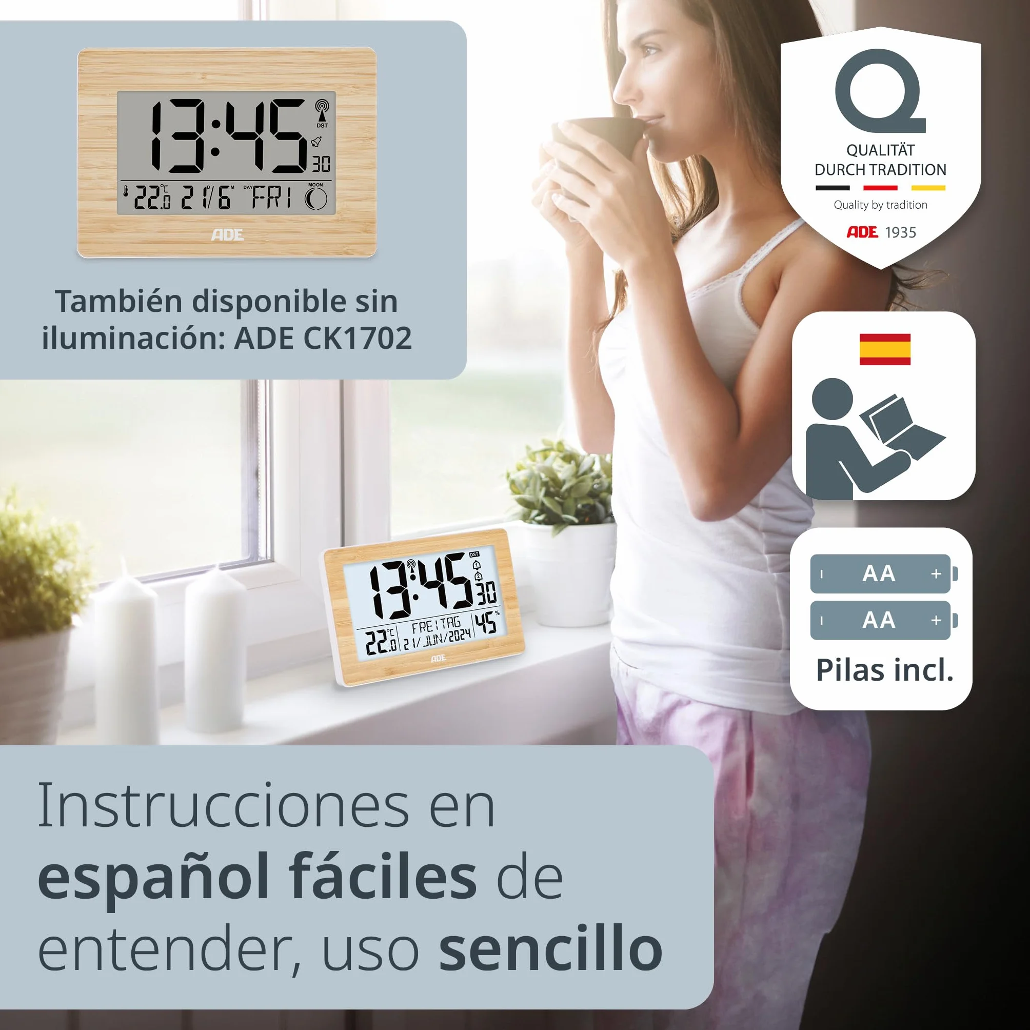 ADE Reloj Digital XL Radio-controlado con dígitos Muy Grandes | Reloj de Mesa con 2 Horas de Alarma e iluminación | termómetro higrómetro | Marco Delgado Hecho de bambú Real
