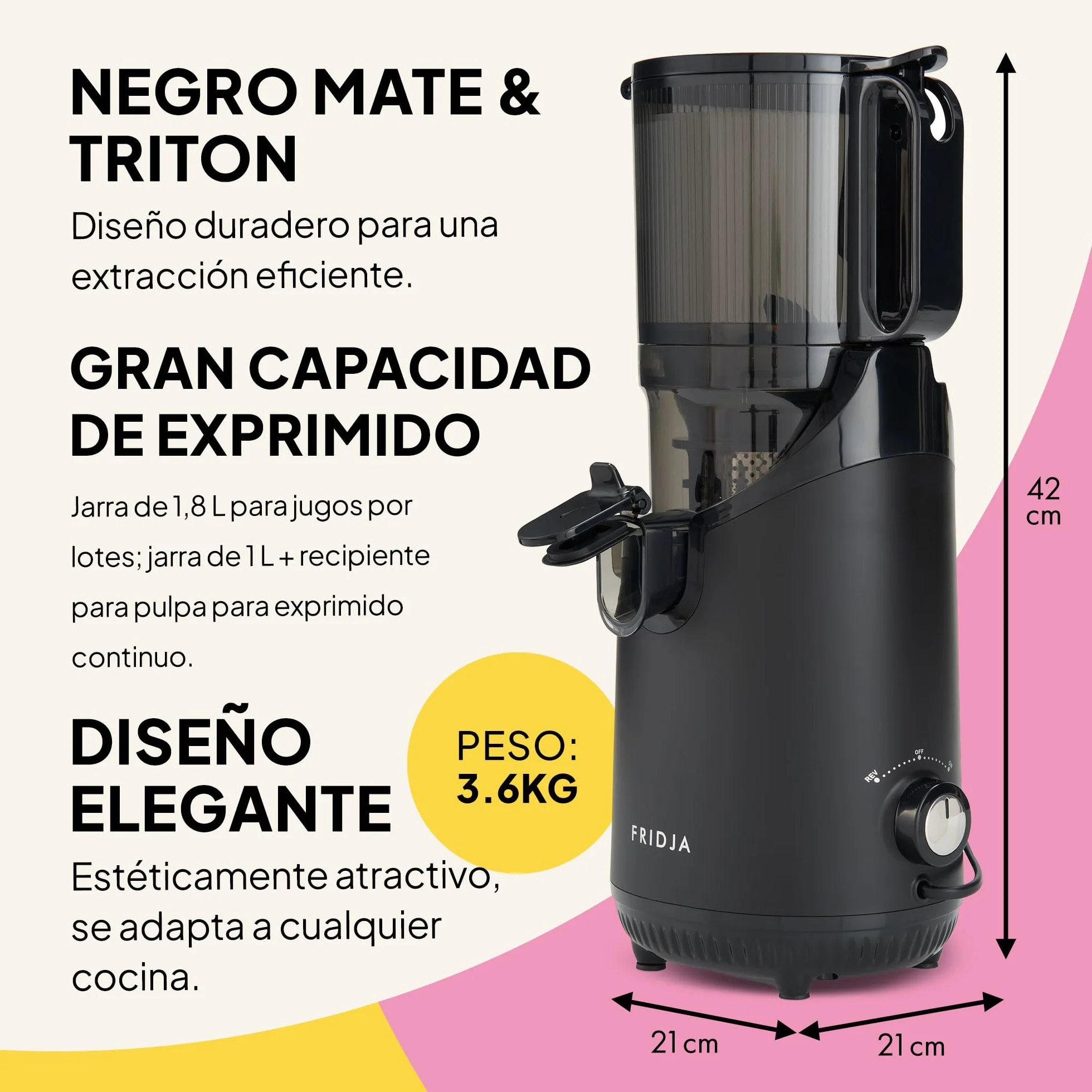 Fridja f2500 Exprimidor Automático de Fruta Entera | Boca de Entrada 135mm | Extractor de Zumo por Prensa Fría 250W | Alto Rendimiento | Fácil Limpieza | Sin BPA | Negro Mate [Clase Energética A++]