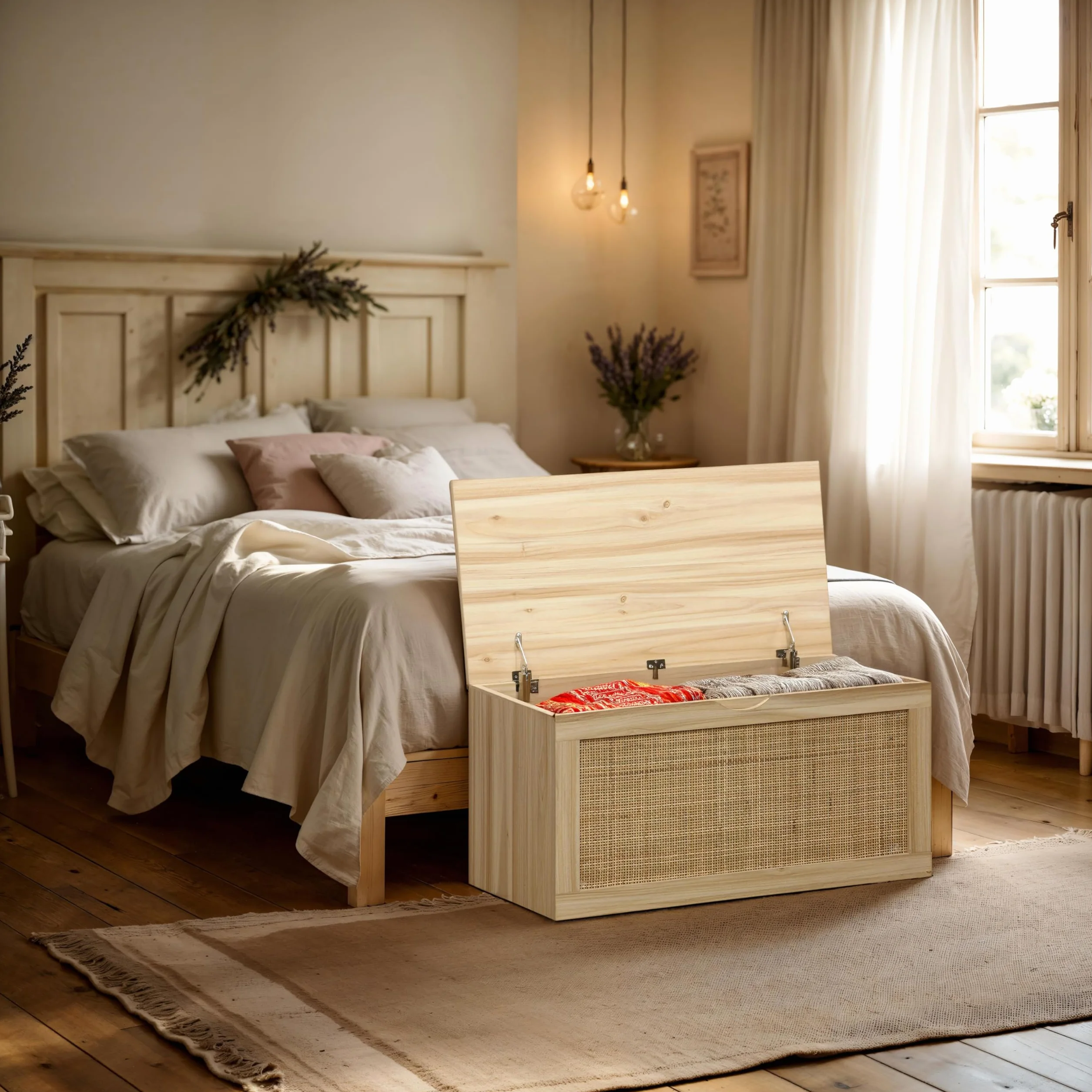 duehome | Made, Baúl, Banco de Almacenaje, Acabado en Pino y Rattan, Medidas: 80 cm (Largo) x 40 cm (Alto) x 40 cm (Fondo)