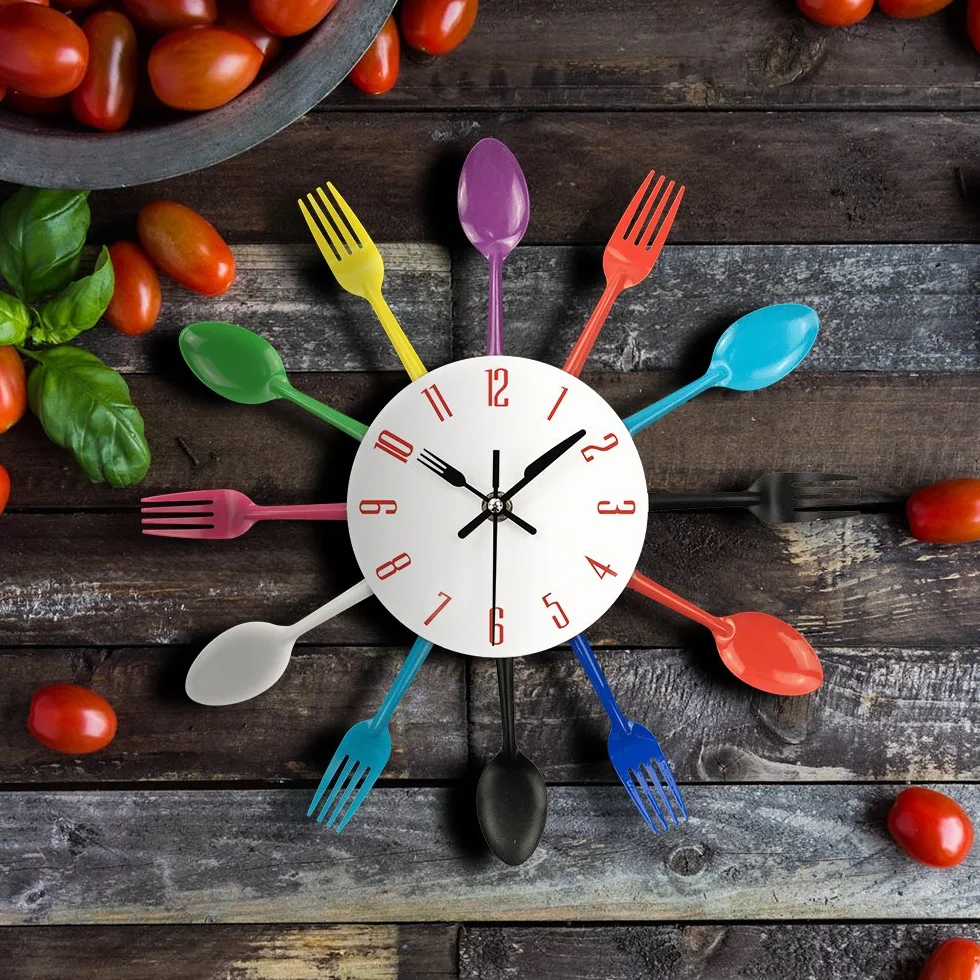 Reloj de cocina efecto espejo con diseño de cuchara, tenedor, cubertería, adhesivo extraible en 3D para decoración del hogar