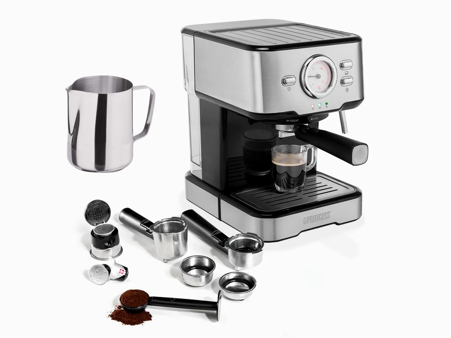 Máquina de café y cápsula con espumador de leche para capuchino, latte y espresso macchiato, 20 bares, color negro con acero inoxidable