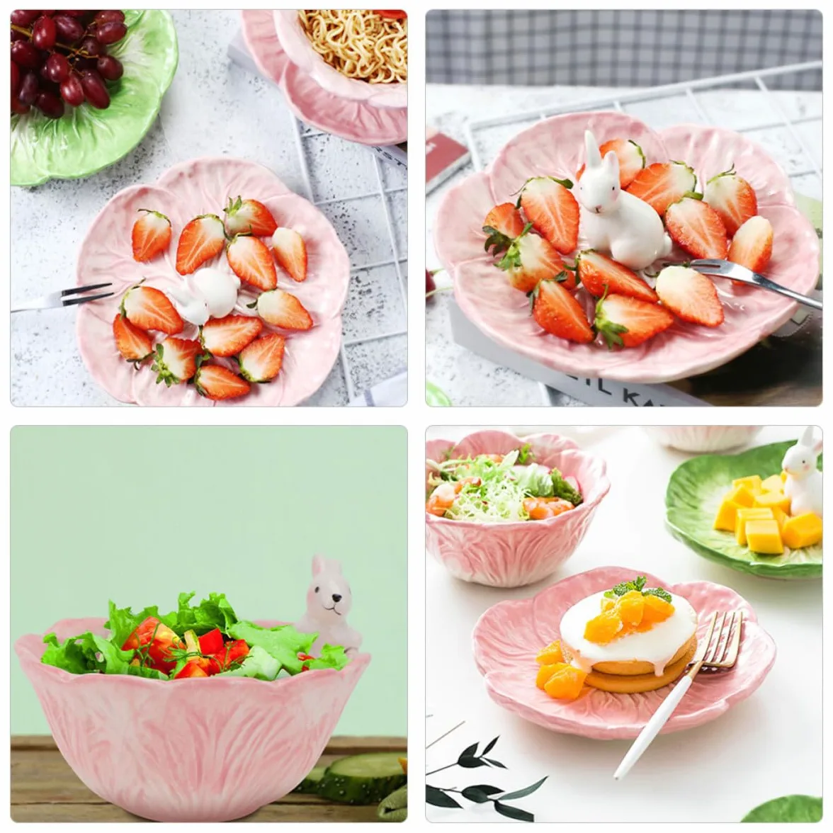 Juego de 2 Tazones de Cerámica Rosa con Estatua de Conejo y Forma de Repollo, Cuencos Elegantes para Desayuno y Reuniones Casuales Diarias