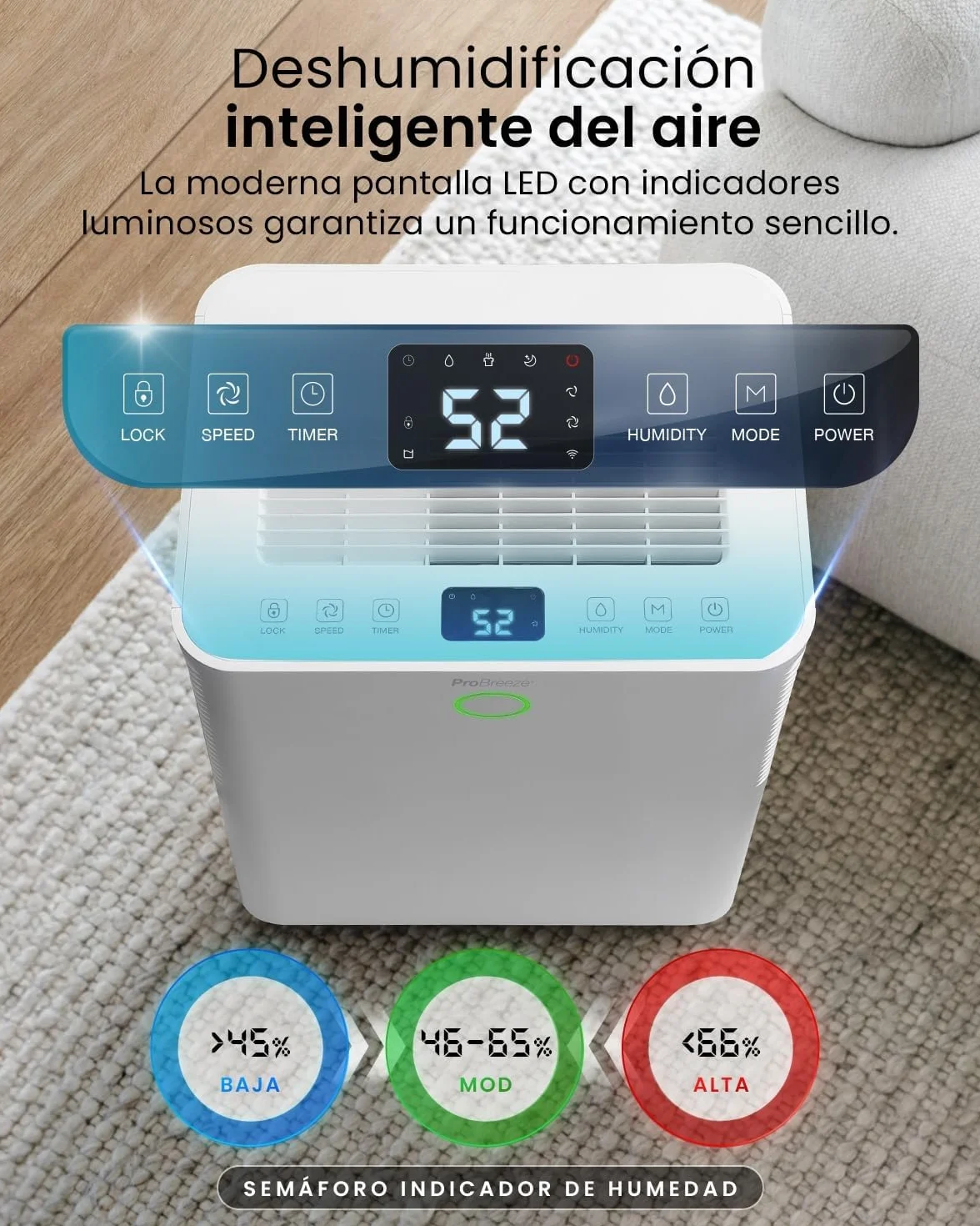 Pro Breeze OmniDry Deshumidificador 20L/Día hasta 30 M², WiFI, Depósito 4L, Secado de Ropa, Sensor de Humedad, Temporizador 24H, Modo Nocturno - Antihumedad, Moho y Condensación