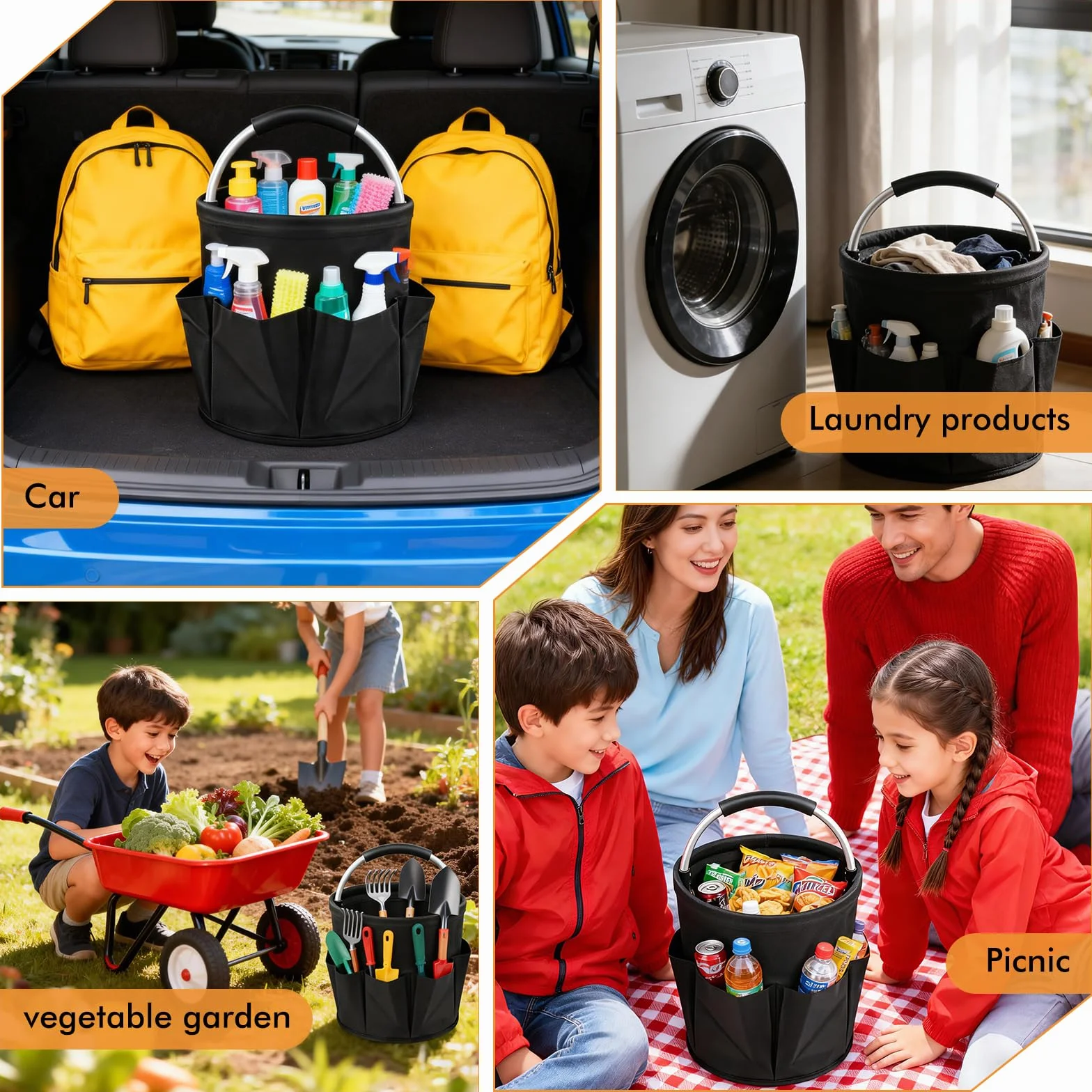 Organizador de Limpieza Plegable de 2 Piezas, Cubo 17L con Asa y 6 Bolsillos, Bolsa Almacenamiento de Tela Oxford 600D Impermeable, Cubo Portátil Multiusos para Hogar, Baño, Jardín,Negro