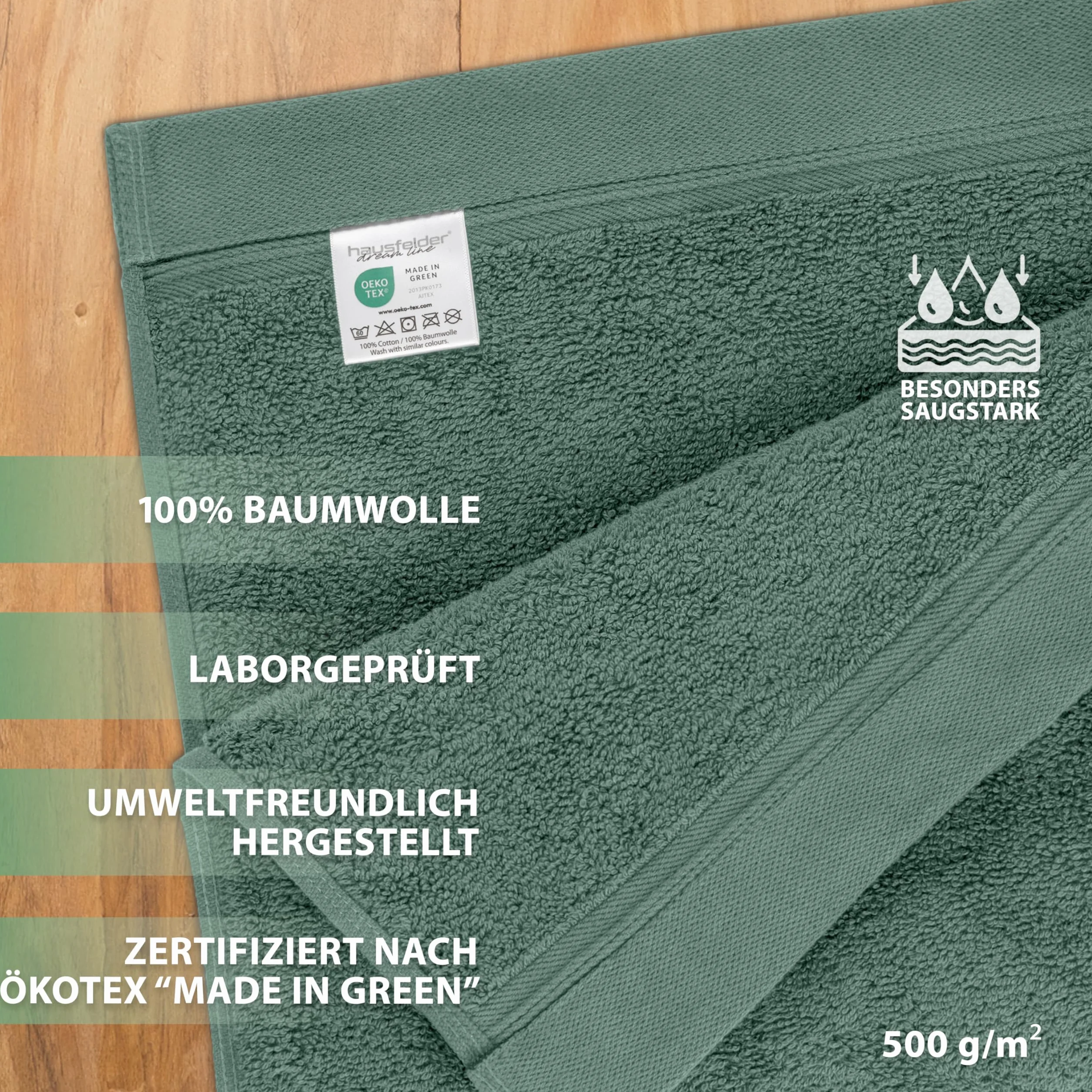 Hausfelder Juego de 4 toallas de mano de 50 x 100 cm, 500 g/m², 100 % algodón, certificado Ökotex (50 x 100 cm, color verde claro)
