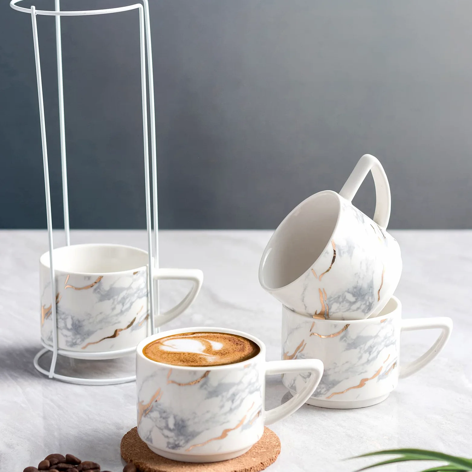 Juego de 4 tazas de porcelana para capuchino de 200 ml con soporte cromado