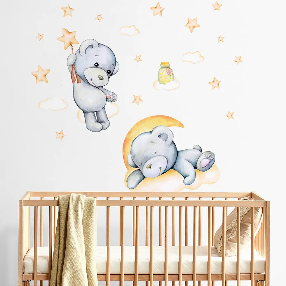 Pegatina Pared Decoración Habitación Niños 80x30 cm Tela Ecológica Hipoalergénico Reposicionable Ositos