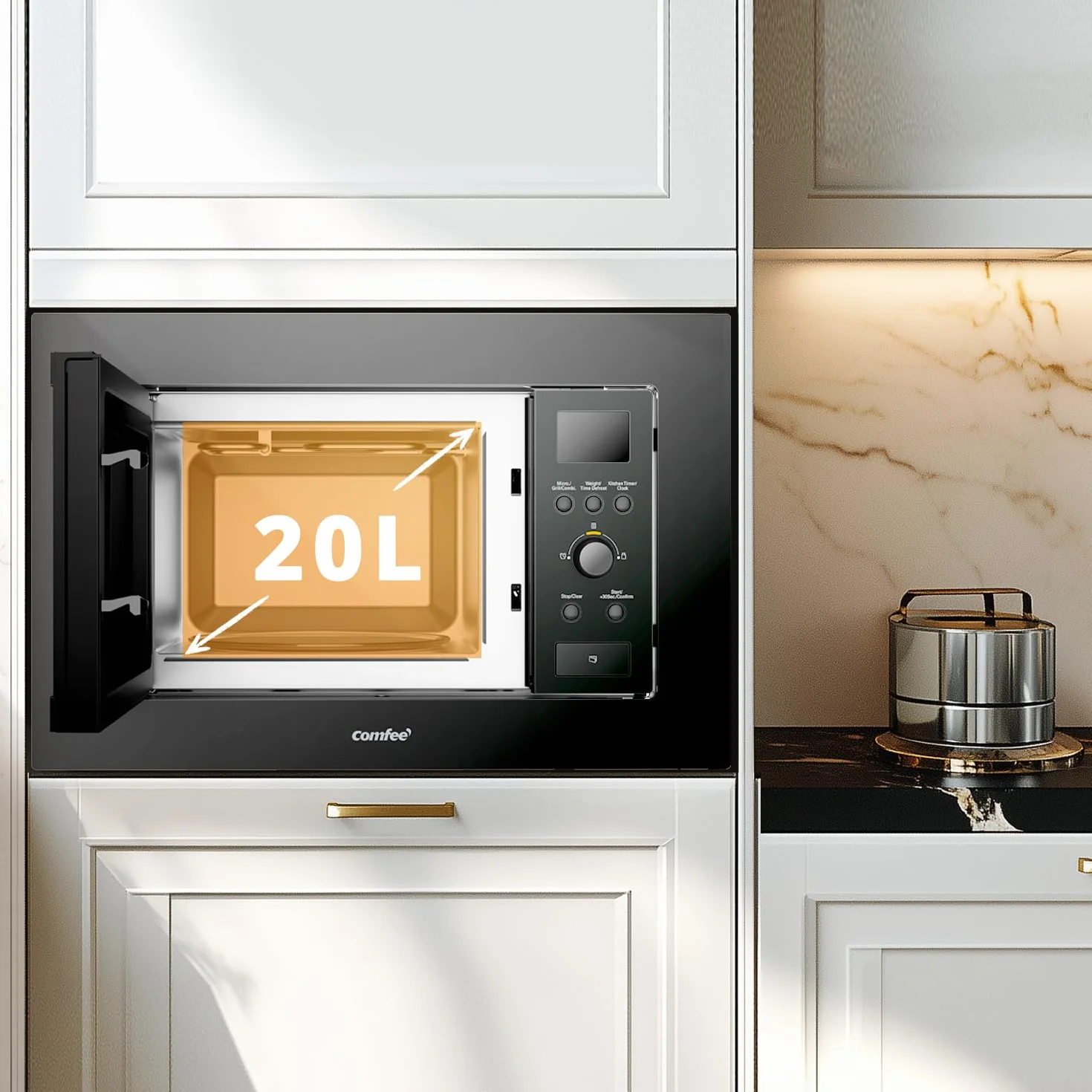 COMFEE' CBMAG820BJL-BK Microondas empotrado de 20 litros con grill, controles digitales, 8 niveles de potencia, descongelación rápida y 8 menús automáticos, color negro Visita la tienda de Comfee