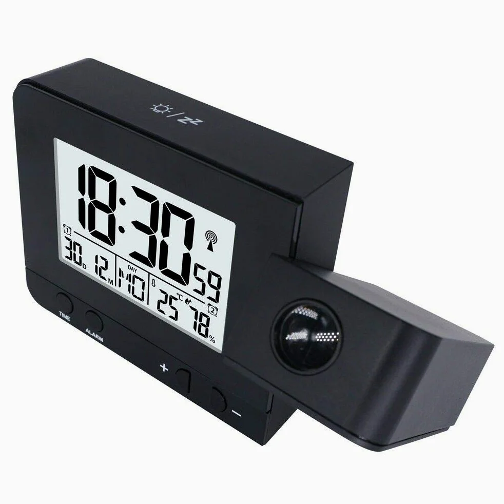 Riloer Reloj despertador de proyección, reloj inteligente digital de techo con temperatura y cargador USB, pantalla digital grande, repetición, temporizador de sueño, ajuste de 12/24 horas para