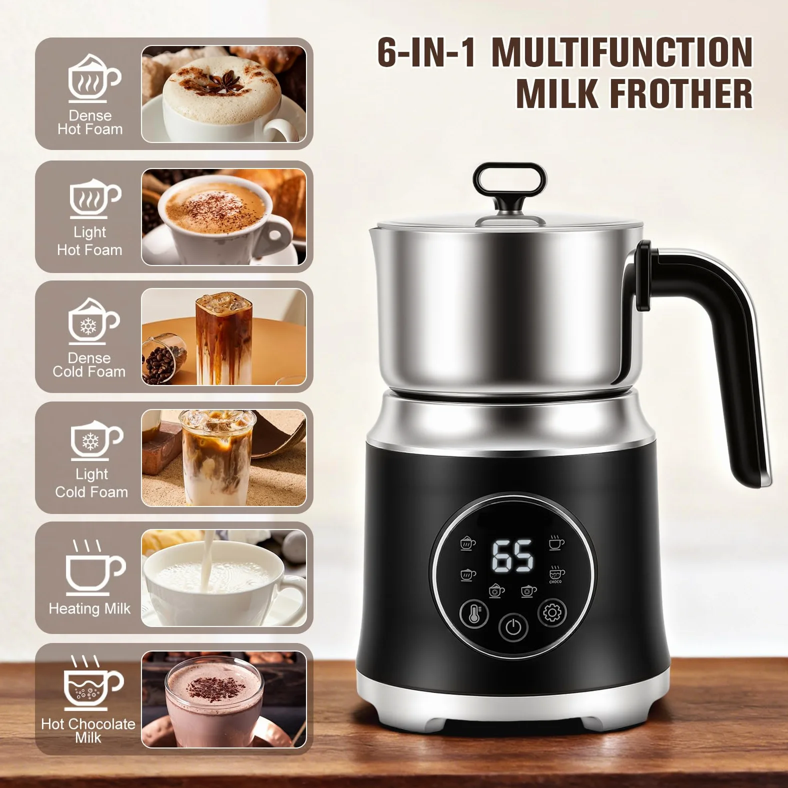Espumador de Leche Eléctrico 6 en 1, Apto para Lavavajillas, con Temperatura Variable y Espuma, 800 ml, Gran Capacidad, para Espuma de Leche Fría Caliente, Chocolate Caliente, Café con Leche