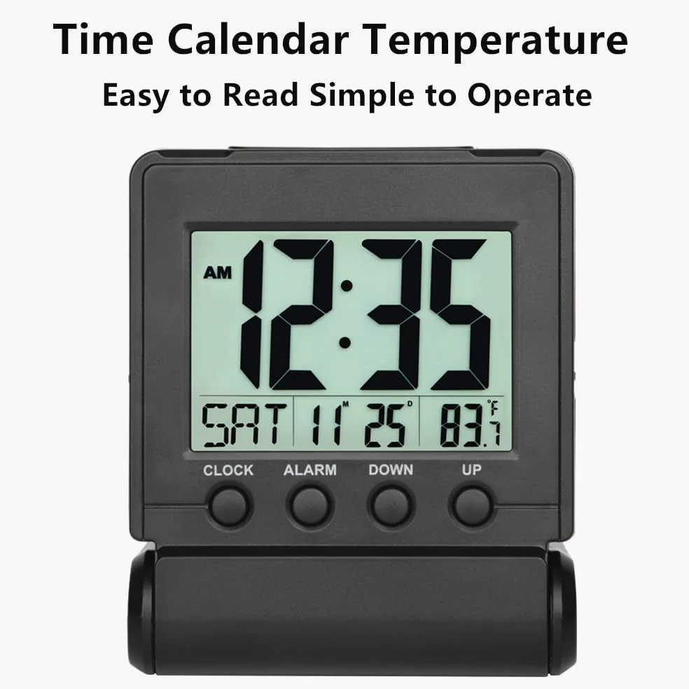 FAMICOZY Reloj despertador plegable con calendario, color negro