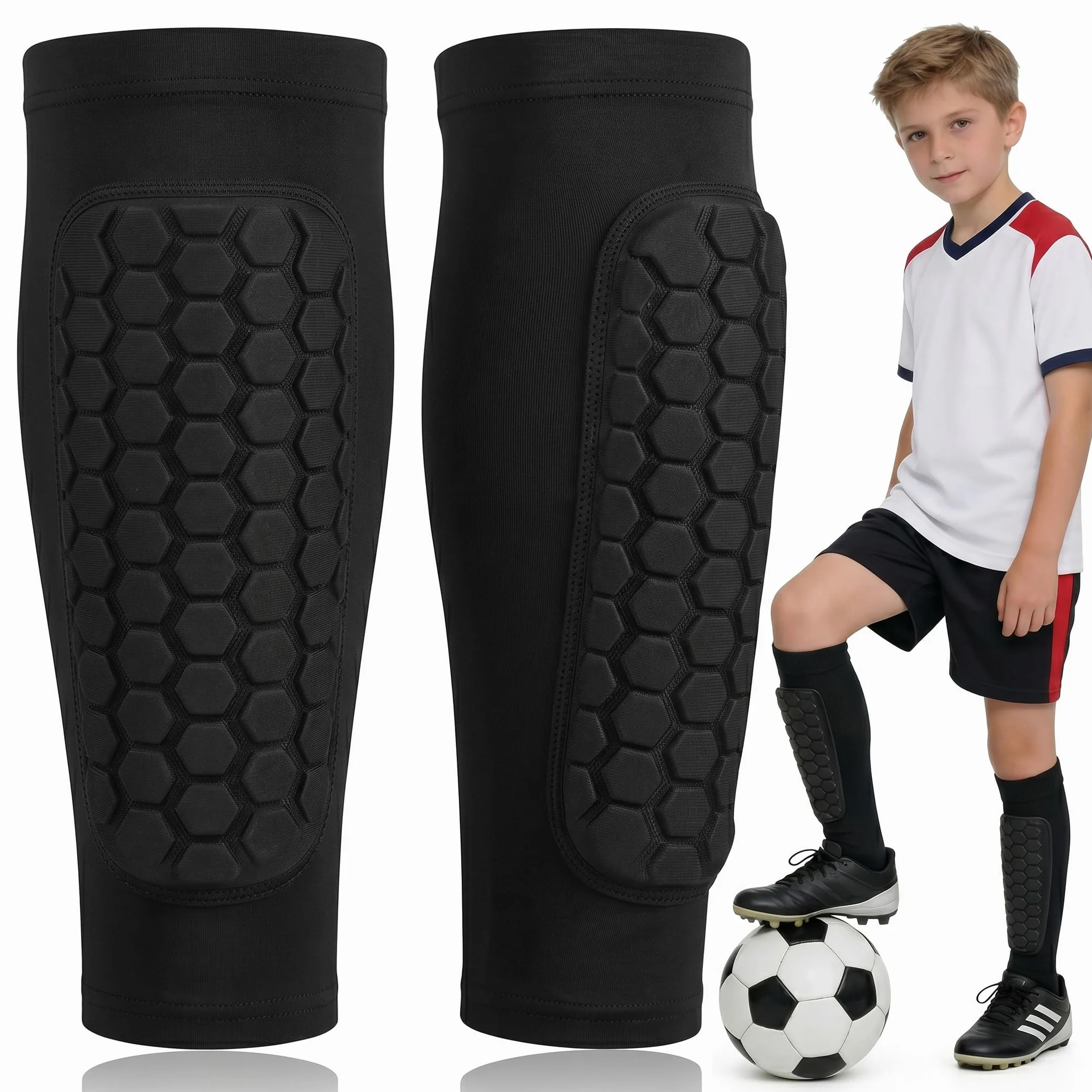 Espinilleras Fútbol para Niños con Calcetines de Sujeción, Protección Tibia Acolchado EVA, Transpirables Antideslizantes (Talla MS, 1 Par)