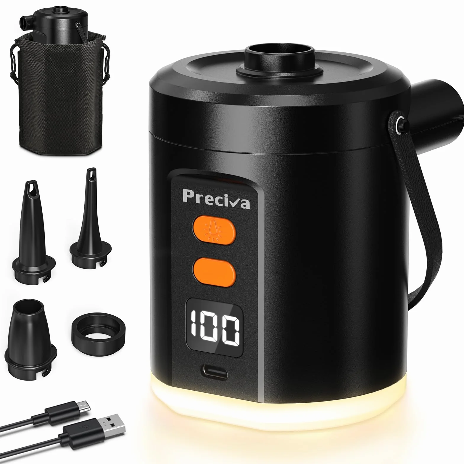 Preciva Bomba de Aire Eléctrica 5000mAh Inflador Colchón Hinchable Inflado/Desinflado Rápido con 3 Boquillas y Luz
