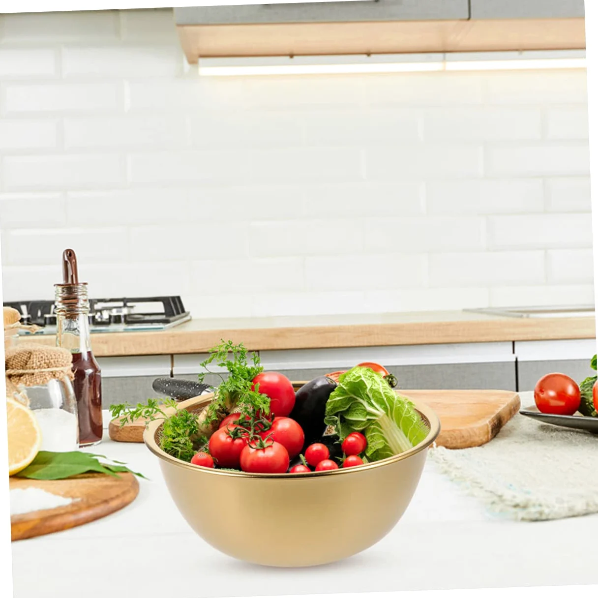 Alipis Colador Escurridor De Arroz y Verduras Acero Inoxidable 24 Cm Multifuncional Cesta Drenaje Hogar Conjunto 2 Piezas Color Dorado Para Cocina y Lavado Diario