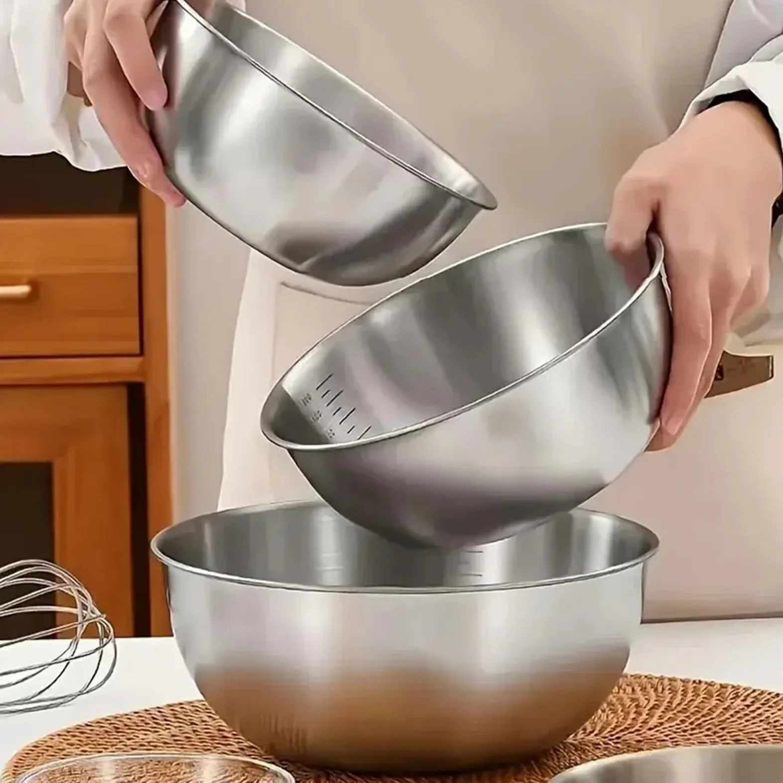 Tazón Para Mezclar Juego de tazones for mezclar acero inoxidable | 1-3 piezas con báscula de gran capacidad for cocinar, hornear y almacenar alimentos(L 1pc)
