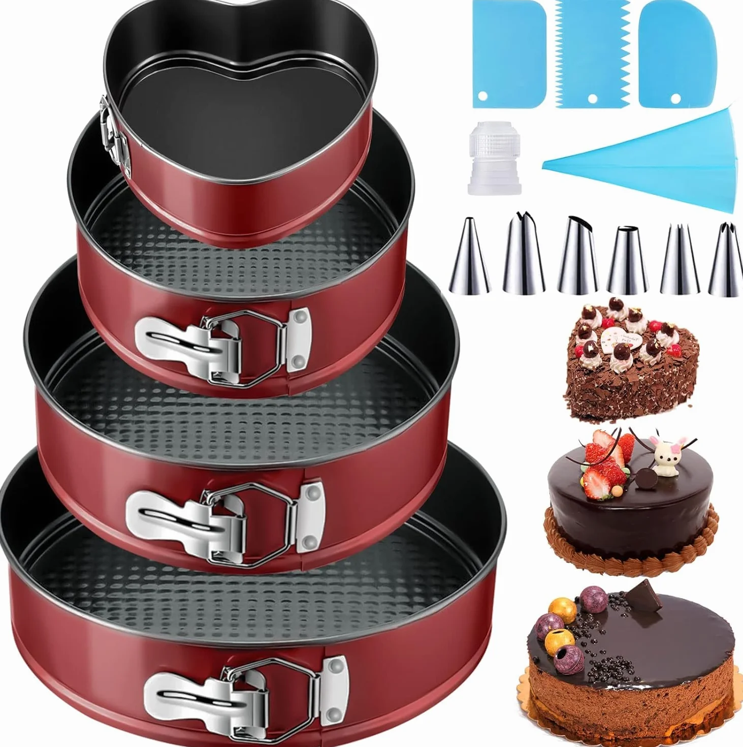 Molde Desmontable de Repostería 4 Piezas, Capa Revestimiento Desmontable Antiadherente, Redondos Moldes para Pasteles 12/18/22/26 cm con Boquillas para Manga Pastelera Set, Raspadores Tartas