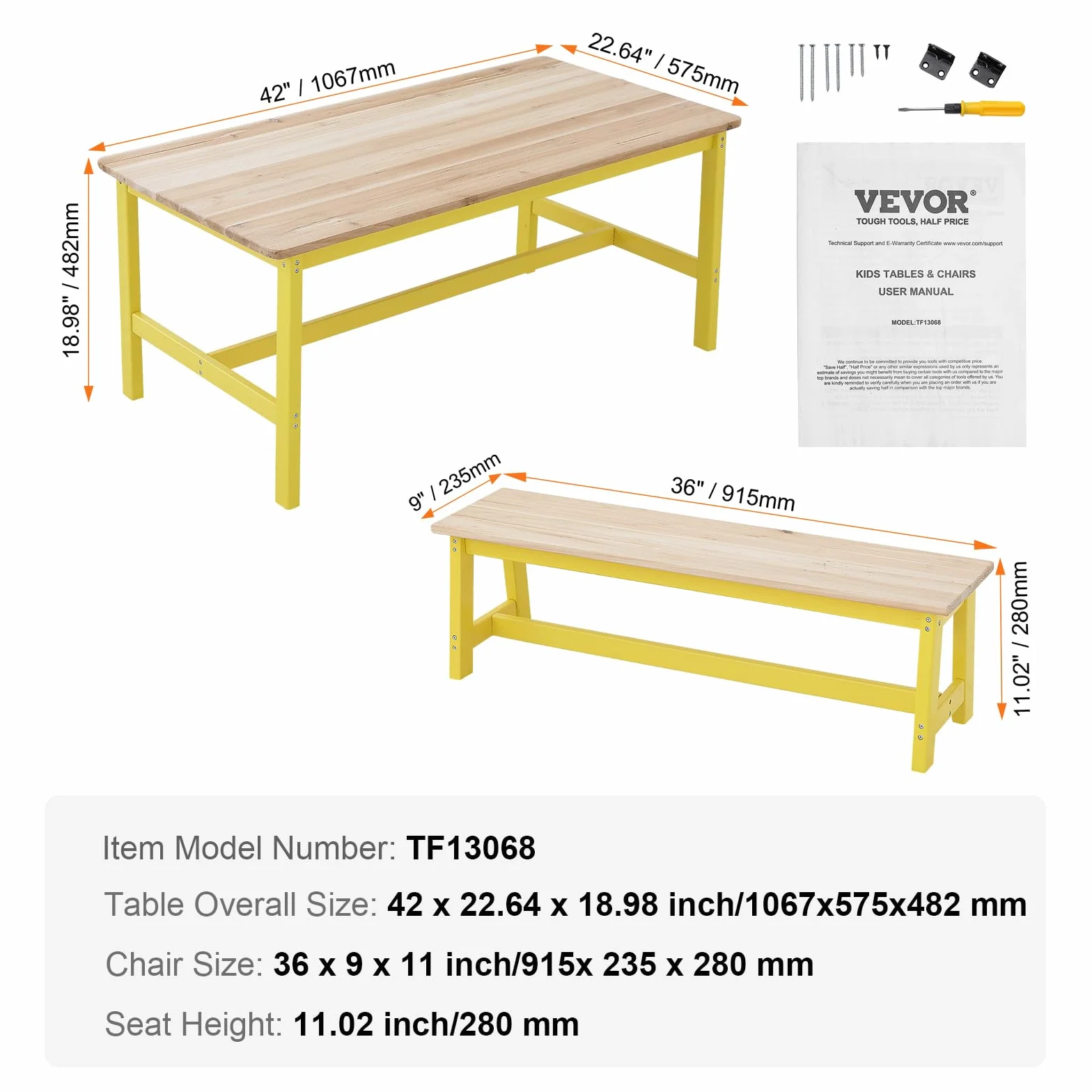 VEVOR 1 Mesa Infantil con 2 Bancos 1067x575x482 mm y 915x235x280 mm Conjunto de Muebles Infantiles Bandeja Fácil de Limpiar para Estudiar Comer Jugar Leer Guardería Dormitorio Infantil de 2 a 8 Años
