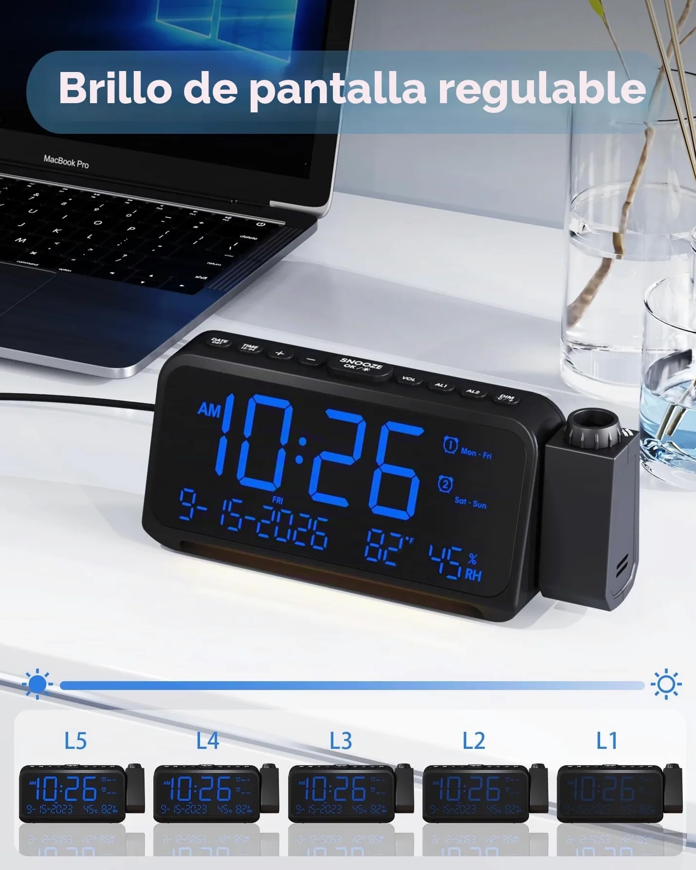 Roxicosly Reloj despertador de proyección para techo de dormitorio, 118 dB súper fuerte para personas que duermen mucho, pantalla digital regulable grande de 6.7 pulgadas con fecha de día, humedad de