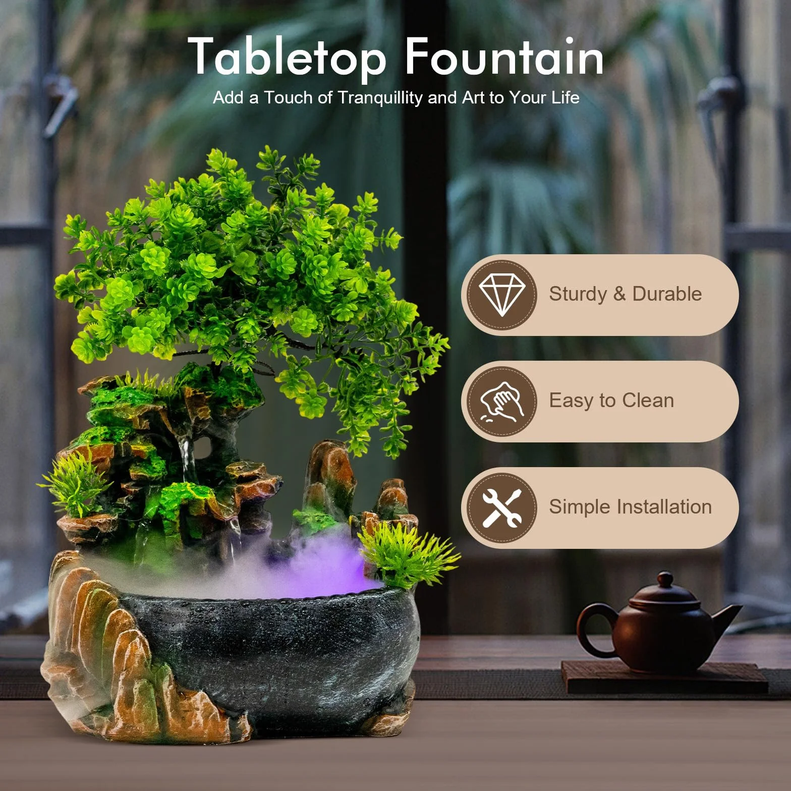 Fuente de escritorio, fuente de habitación con iluminación LED, fuente de mesa interior cascada con niebla, fuente de habitación con plantas, fuente para sala de estar, escritorio verde