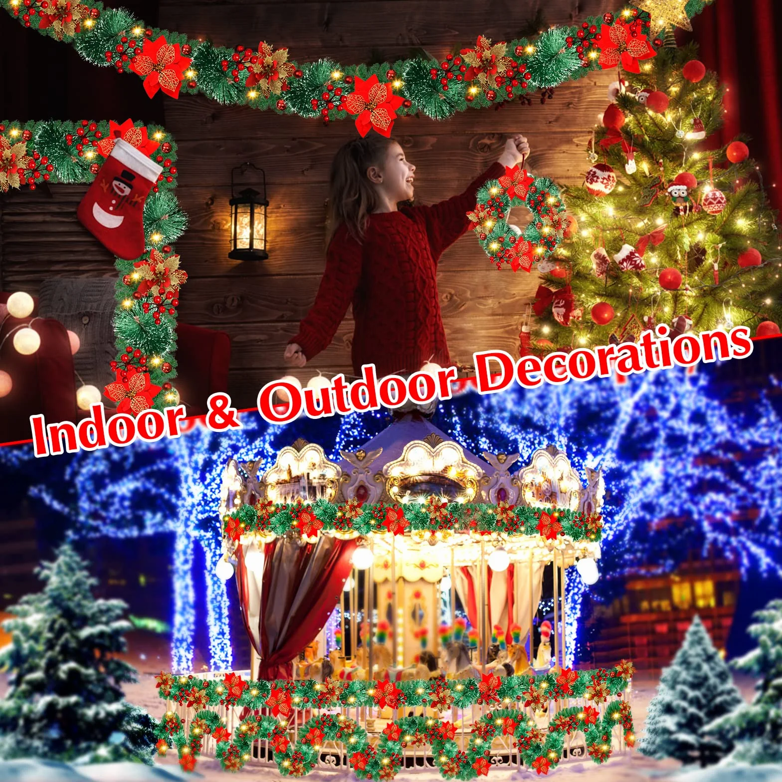 Guirnalda de Navidad, 2,7 Metros Guirnaldas navideñas con Luces LED, Corona de Frutos Rojos para Escaleras Chimeneas Puertas, Guirnaldas navideñas Artificiales Decoración Interior Exterior