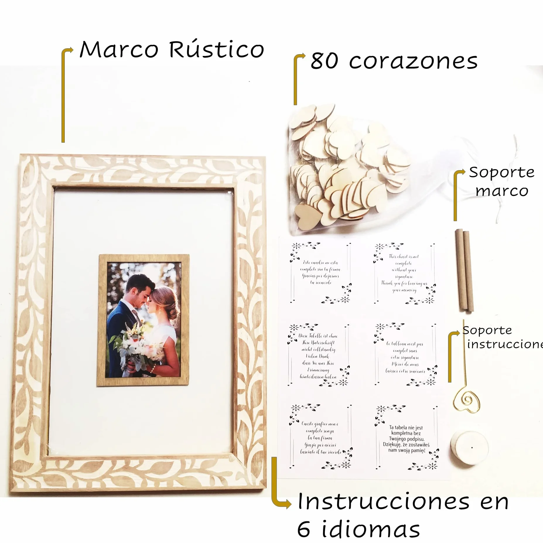 Cuadro de Firmas con 80 Corazones de Madera – Libro de Firmas Personalizado para Bodas, Aniversarios, 18 Años o Graduación – Marco Decorativo Rústico con Soporte Incluido