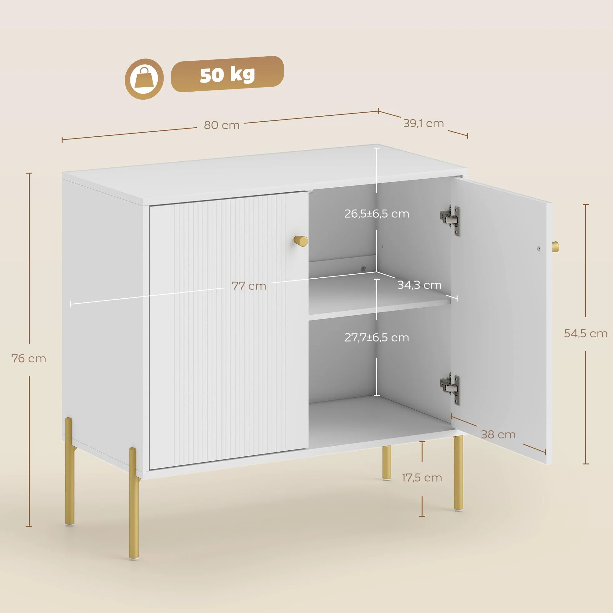 HOMCOM Aparador Moderno de 2 Puertas, Aparador de Salón con Estantes Ajustables, Encimera con Efecto Mármol, Patas de Acero, para Cocina, Entrada, Dormitorio, Blanco, 80x39,1x76 cm