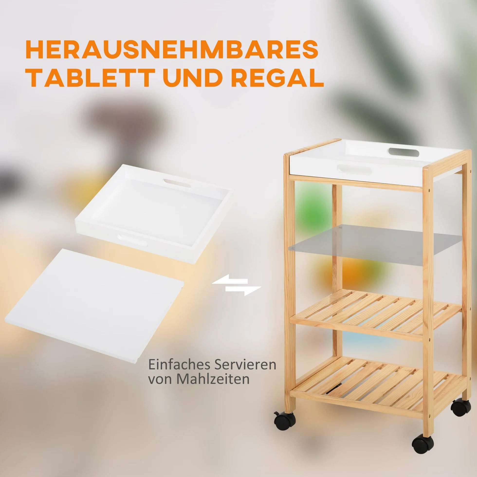 HOMCOM Carrito de Cocina Carrito de Servicio Doméstico de 4 Niveles con Una Bandeja Extraíble Estante Ruedas Universales 40x30x76 cm Blanco Madera