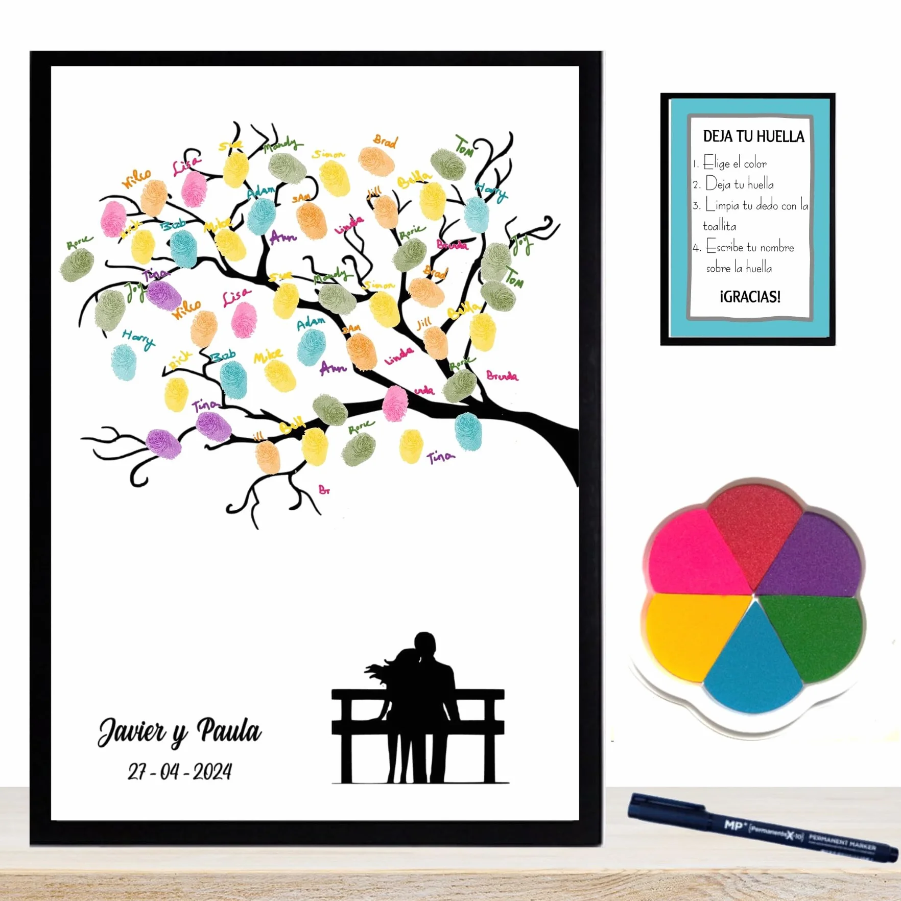 Libro Firmas Boda, Cuadro de Huellas Personalizado, Regalo Original para Novios, Incluye Marco de Madera en 3 Colores, Tintas, Intrucciones. (Parque)