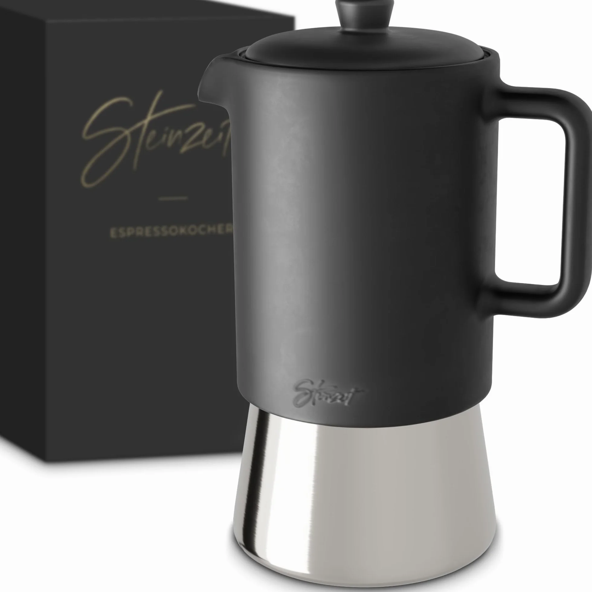 Steinzeit Cafetera espresso de diseño de cerámica (300 ml) – Cafetera de inducción apta para todo tipo de fuegos – Cafetera moka con base de acero inoxidable y jarra de cerámica