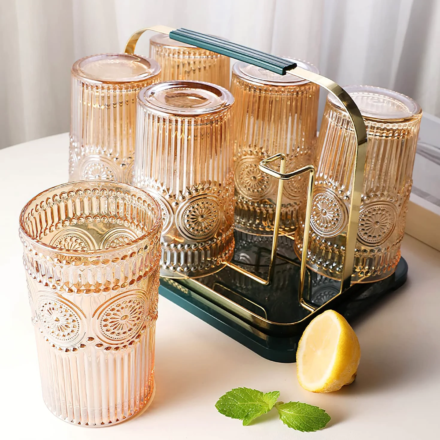 Kingrol Paquete de 6 vasos de colores de 12 onzas, juego de cristalería premium para agua, jugo, bebidas, cóctel, diseño romántico en relieve, para bodas, uso diario