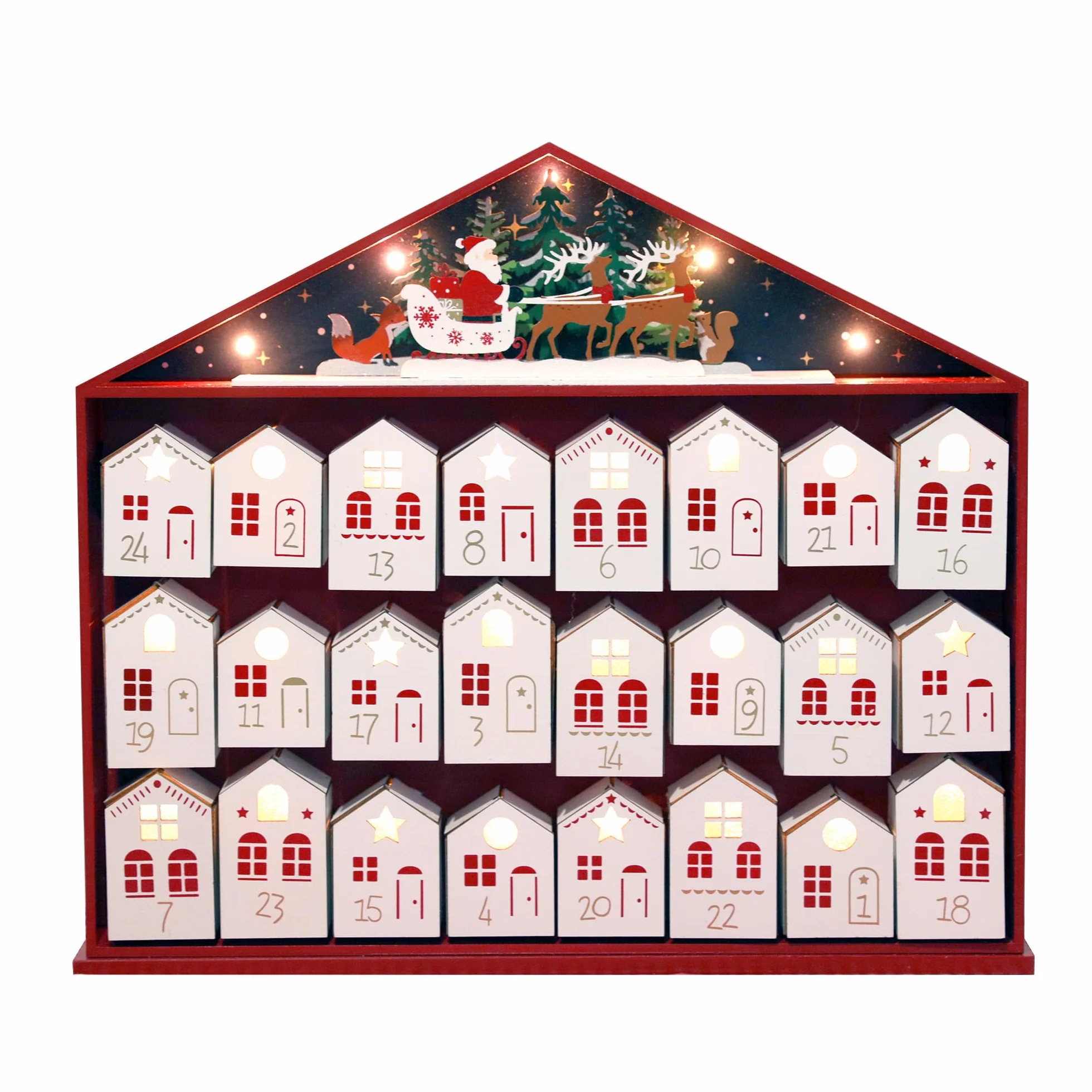 PE Calendario de Adviento de madera 2025 con luces LED, calendario de cuenta regresiva de Navidad, cajones en forma de casa, decoración navideña reutilizable, caja de cuenta regresiva de Navidad de 24