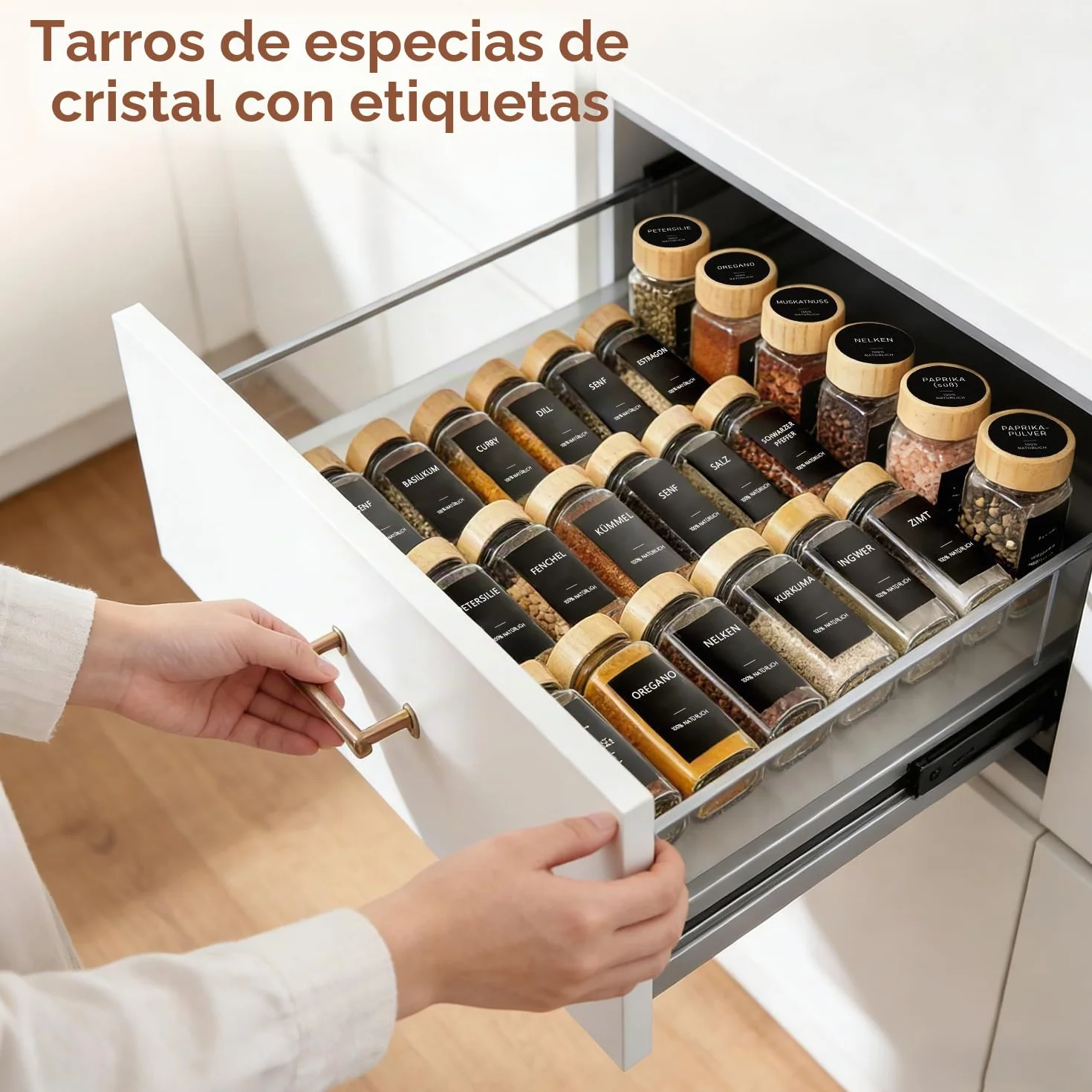 ComSaf botes especias de cristal 120 ml set de 24 con etiquetas legibles, botes especias cristal para familias y amantes de la cocina, aptos para cajones y armarios de cocina