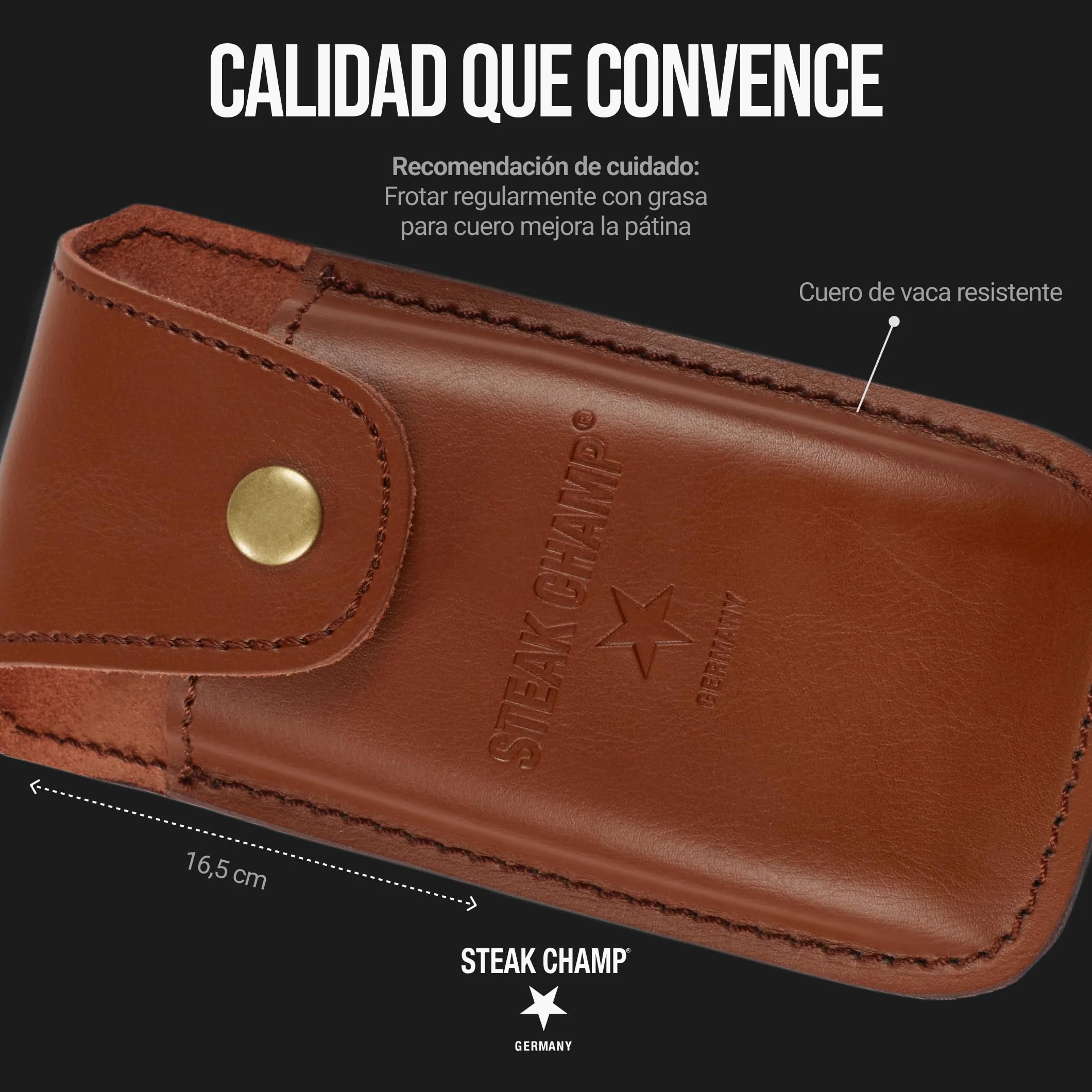 Funda de Cuero Steak Champ para Tenedor de Carne Bull Fork, Fabricada en cuero de alta resistencia, Ideal para Cinturón, con Lengüeta de Seguridad y Botón a Presión