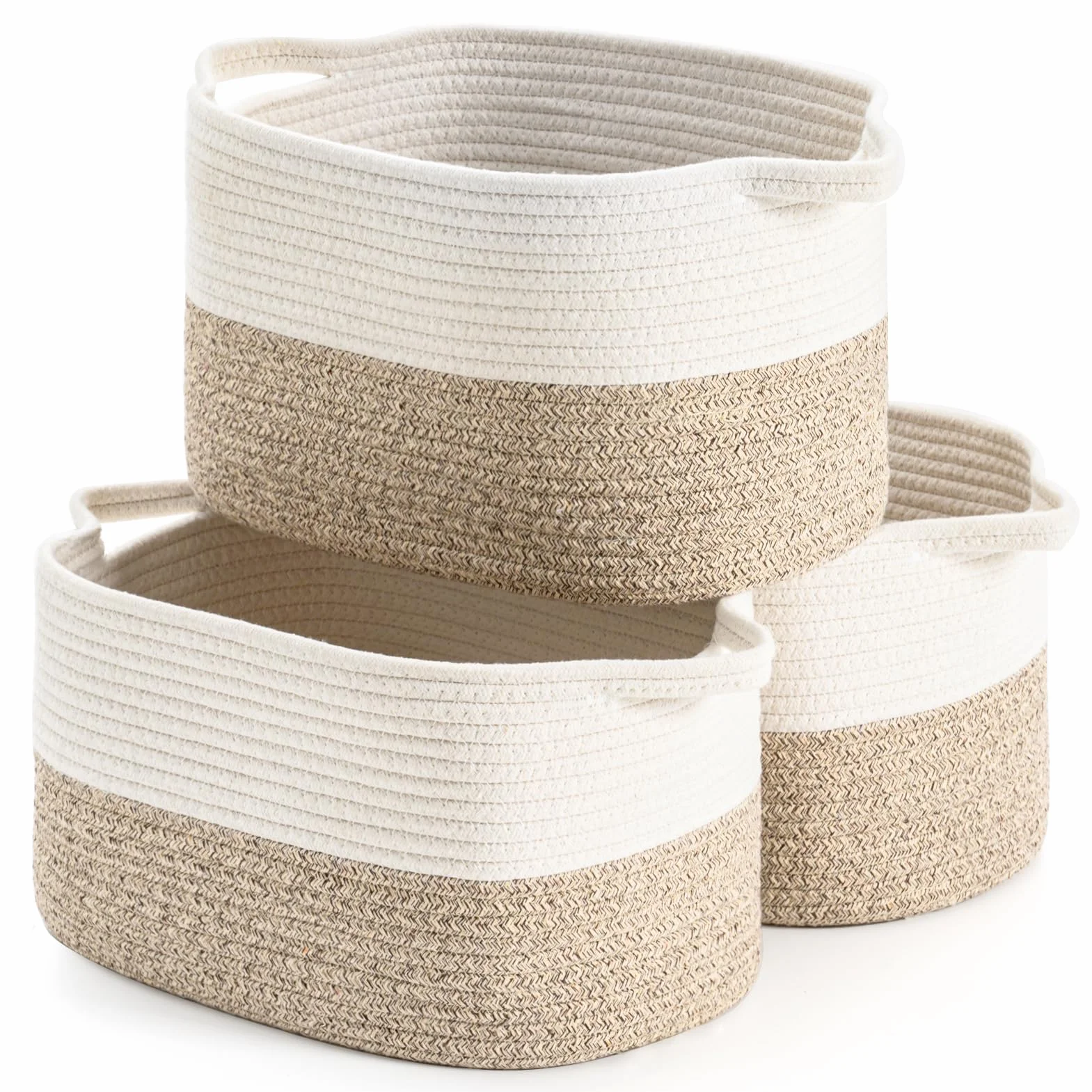 Cesta de Almacenamiento Tejida de Cuerda de Algodón para Organizar Juguetes de Bebé, Lavandería y Manta - Blanco y Marrón