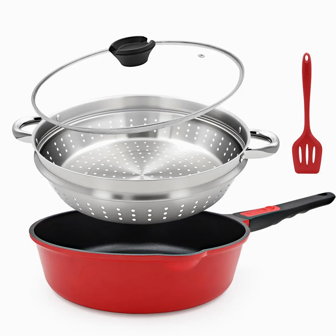 Sartén de 28 cm, juego de 4 piezas Sartén antiadherente (sartén con tapa, cesta vaporera/colador, espátula de silicona), con mango extraíble, apta para horno (Rojo-negro) | Mango desmontable, apto para todas las estufas, incluyendo inducción, sin PTFE, PF